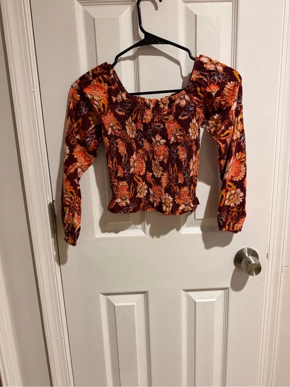Old Navy Burgundy Floral Smocked Puff-Sleeve Crop Top
